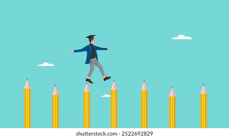 journey to reach higher education, motivation to study harder, cost to graduate high degree education, the way to achieve high education, man crosses the pole from pencil to educational success