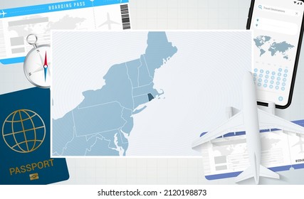 Journey to Rhode Island, illustration with a map of Rhode Island. Background with airplane, cell phone, passport, compass and tickets. Vector mockup.
