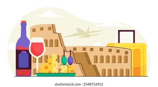 Journey to Rome. Bottle of wine and slices of cheese near Colosseum. Travel and tourism, holiday and vacation. Italian culture and architecture. Flat vector illustration isolated on white background