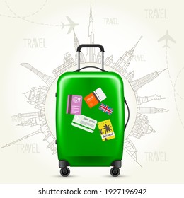 Journey round-the-world - suitcase and world sights, world journey, vector