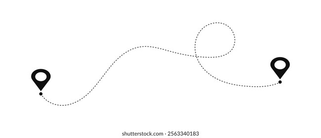 Journey or route concept of start point and end point dash line. Location pins and connecting paths.