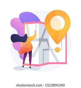 Journey route planning. City travel, urban tourism, cartography idea. Girl navigating with paper map cartoon character. Old fashioned orientation tool. Vector isolated concept metaphor illustration