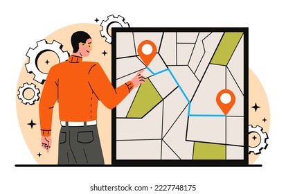 Journey route planning. Man on map puts starting and ending point. Poster or banner for website. Navigation and geolocation, GPS. Travel and tourism, logistics. Cartoon flat vector illustration