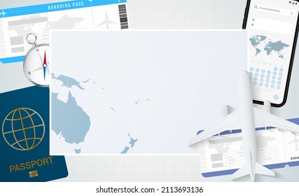 Journey to Samoa, illustration with a map of Samoa. Background with airplane, cell phone, passport, compass and tickets. Vector mockup.