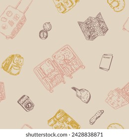 Journey seamless pattern. Ornament of trip attributes, luggage, travel accessories. Vector design in engraving style.