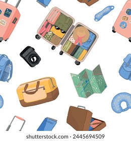 Journey seamless pattern. Ornament of trip attributes, luggage, travel accessories. Vector design in cartoon style.