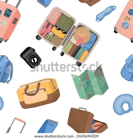 Journey seamless pattern. Ornament of trip attributes, luggage, travel accessories. Vector design in cartoon style.