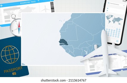 Viaje a Senegal, ilustración con un mapa de Senegal. Antecedentes con avión, teléfono móvil, pasaporte, brújula y boletos. Burla de vectores.