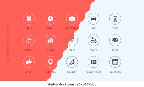 Viagem. Conjunto de 15 ícones: comboio, relógio, pasta, carro, ampulheta, praia, foto, documento, rota, velocidade, como, localização, turista, bilhete de avião, calendário