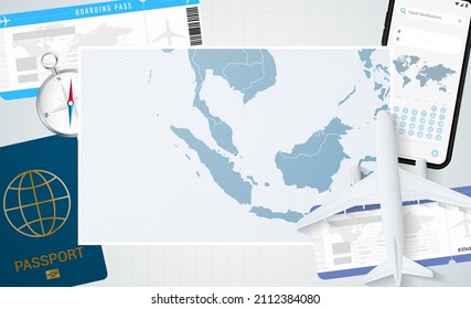 Journey to Singapore, illustration with a map of Singapore. Background with airplane, cell phone, passport, compass and tickets. Vector mockup.