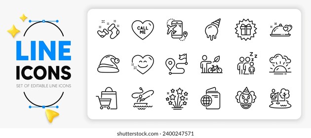 Journey, Smile chat and Travel passport line icons set for app include Romantic dinner, Eco bike, Fireworks stars outline thin icon. Boat fishing, Santa hat, Surprise gift pictogram icon. Vector