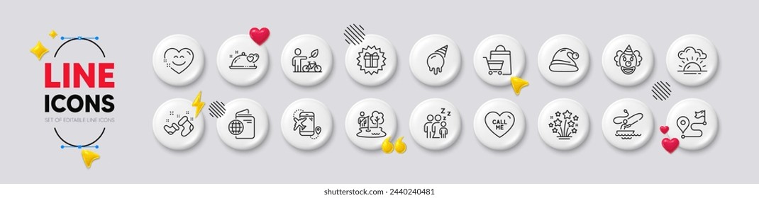 Journey, Smile chat and Travel passport line icons. White buttons 3d icons. Pack of Romantic dinner, Eco bike, Fireworks stars icon. Boat fishing, Santa hat, Surprise gift pictogram. Vector