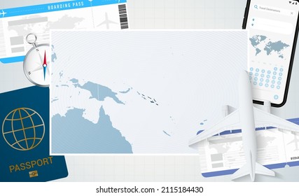 Journey to Solomon Islands, illustration with a map of Solomon Islands. Background with airplane, cell phone, passport, compass and tickets. Vector mockup.