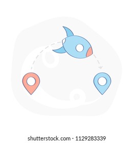 Journey of SpaceShip, a cartoon Missile or Rocket flies from one point to destination pin by route. Delivery, Shipping, Strategy, Business Plan, Road map icon, Journey, Travel concept. Flat line icon.