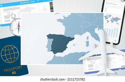 Viaje a España, ilustración con mapa de España. Antecedentes con avión, teléfono móvil, pasaporte, brújula y boletos. Burla de vectores.