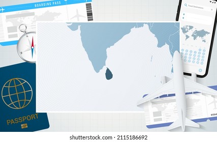 Journey to Sri Lanka, illustration with a map of Sri Lanka. Background with airplane, cell phone, passport, compass and tickets. Vector mockup.