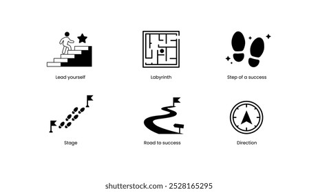 Conjunto de iconos de viaje al éxito. Lidéate a ti mismo, Laberinto, Paso del éxito, Etapa, Camino al éxito. Logro, progreso, crecimiento personal, establecimiento de metas, motivación e iconos de hitos.