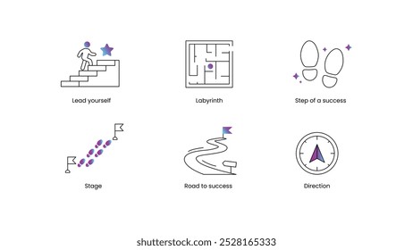 Conjunto de iconos de viaje al éxito. Lidéate a ti mismo, Laberinto, Paso del éxito, Etapa, Camino al éxito. Logro, progreso, crecimiento personal, establecimiento de metas, motivación e iconos de hitos.