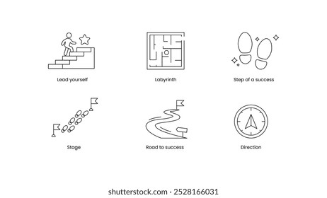 Conjunto de iconos de viaje al éxito. Lidéate a ti mismo, Laberinto, Paso del éxito, Etapa, Camino al éxito. Logro, progreso, crecimiento personal, establecimiento de metas, motivación e iconos de hitos.