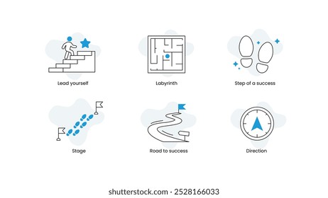Conjunto de iconos de viaje al éxito. Lidéate a ti mismo, Laberinto, Paso del éxito, Etapa, Camino al éxito. Logro, progreso, crecimiento personal, establecimiento de metas, motivación e iconos de hitos.
