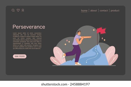 Journey to Success illustration. A man strides towards a summit flag, depicting the essence of perseverance in goal attainment. A visual ode to relentless pursuit. Flat vector illustration