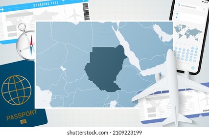 Viaje a Sudán, ilustración con un mapa de Sudán. Antecedentes con avión, teléfono móvil, pasaporte, brújula y boletos. Burla de vectores.