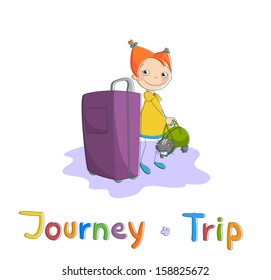 Journey, suitcase and happy girl with cat in vector on white background