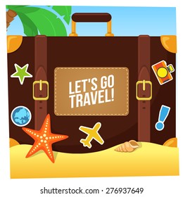 Journey suitcase on the beach. Summer tropic travel background design. 
