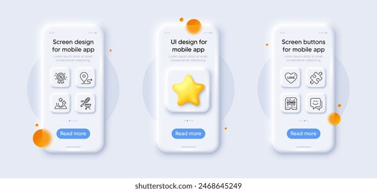 Journey, Sun protection and Discount line icons pack. 3d phone mockups with star. Glass smartphone screen. Fish grill, Puzzle, Love web icon. Smile face, Winner ticket pictogram. Vector