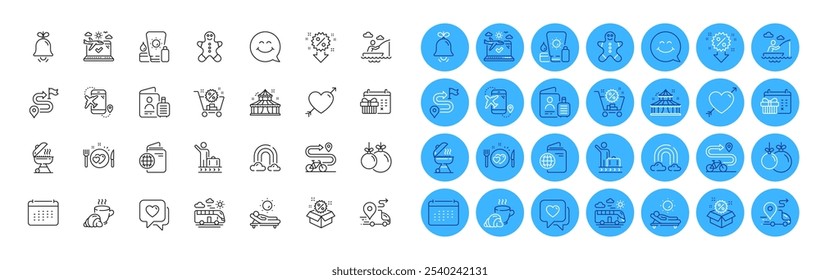 Journey, Sunscreen and Christmas ball line icons pack. Bus travel, Heart, Travel passport web icon. Boat fishing, Grill, Romantic dinner pictogram. Flight destination, Passport, Shopping cart. Vector