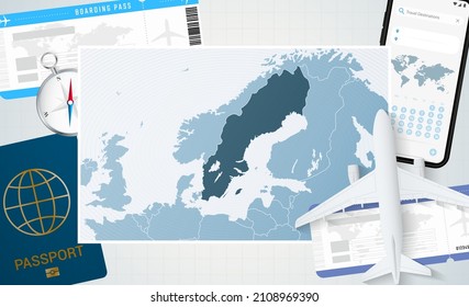 Journey to Sweden, illustration with a map of Sweden. Background with airplane, cell phone, passport, compass and tickets. Vector mockup.