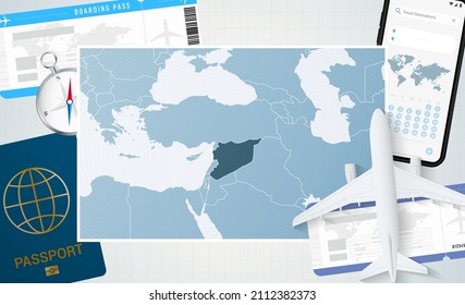 Journey to Syria, illustration with a map of Syria. Background with airplane, cell phone, passport, compass and tickets. Vector mockup.