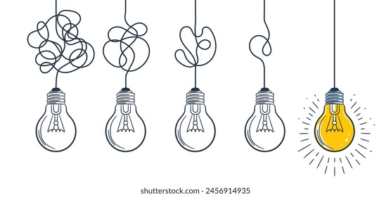 Journey of tangled wires leading to a bright light bulb, symbolizing the process of navigating through complexities to achieve the illumination of a new idea. Hand drawn vector in doodle style.