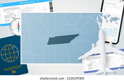 Journey to Tennessee, illustration with a map of Tennessee. Background with airplane, cell phone, passport, compass and tickets. Vector mockup.