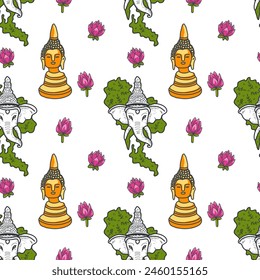 Journey to thailand cartoon style pattern, buddha, elephant, food, thailand map, lotus.