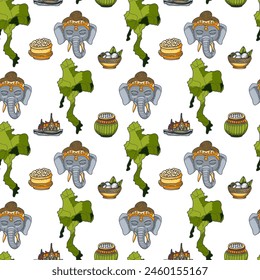 Journey to thailand cartoon style pattern, buddha, elephant, food, thailand map, lotus.