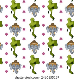 Journey to thailand cartoon style pattern, buddha, elephant, food, thailand map, lotus.