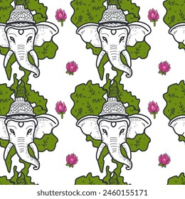 Journey to thailand cartoon style pattern, buddha, elephant, food, thailand map, lotus.