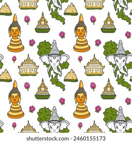 Journey to thailand cartoon style pattern, buddha, elephant, food, thailand map, lotus.
