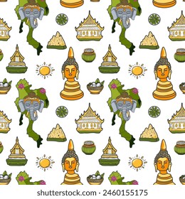 Journey to thailand cartoon style pattern, buddha, elephant, food, thailand map, lotus.