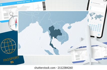 Viaje a Tailandia, ilustración con un mapa de Tailandia. Antecedentes con avión, teléfono móvil, pasaporte, brújula y boletos. Burla de vectores.