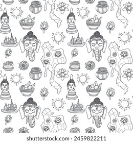 Journey to Thailand pattern in line art style, Elephant, lotus, map of Thailand, Thai food, Buddha head.
