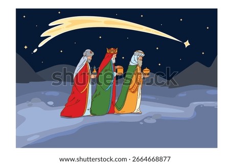 The Journey of the Three Wise Men occurs under a shimmering starry night, enhancing the magic