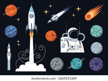 A journey through the cosmos exploring planets stars rockets astronauts and meteors