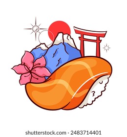 A journey through japan illustration vector. Japanese landmarks: From the Torii Gate to the Peaks of Mt. Fuji and the Delights of Salmon Sushi. Salmon Sushi, Sakura Blossoms, Mt. Fuji, and Torii Gates
