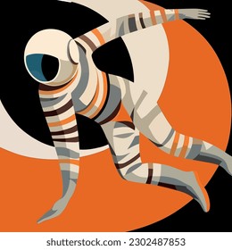 Journey through Jupiter's realm,: Abstract poster showcasing an astronaut's adventure amidst the swirling clouds and majestic landscapes of Jupiter, rendered in an art deco illustration