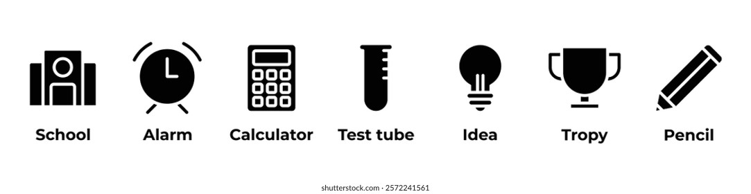 A Journey Through Learning and Achievement Icons set vector illustration with School, Alarm, Calculator, Test tube, Idea, Tropy, Pencil