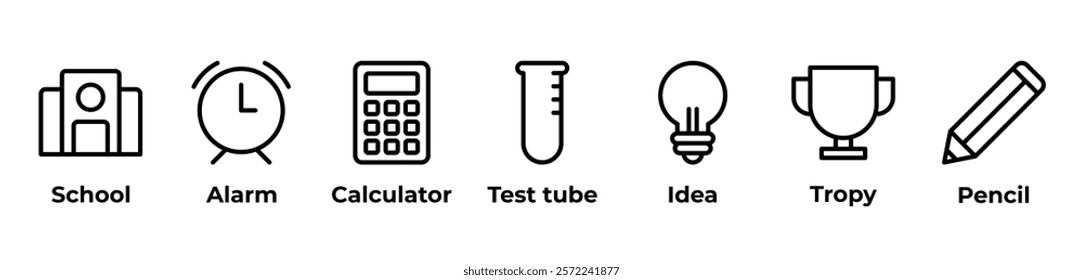 A Journey Through Learning and Achievement Icons set vector illustration with School, Alarm, Calculator, Test tube, Idea, Tropy, Pencil