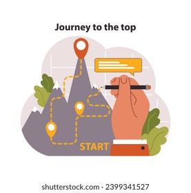 Journey to the top concept. Hand charting path on mountain, from start to peak. Ambition, challenge, and personal growth narrative. Success planning. Flat vector illustration.