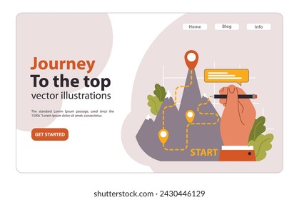 Journey to the top concept. Hand charting path on mountain, from start to peak. Ambition, challenge, and personal growth narrative. Success planning. Flat vector illustration.